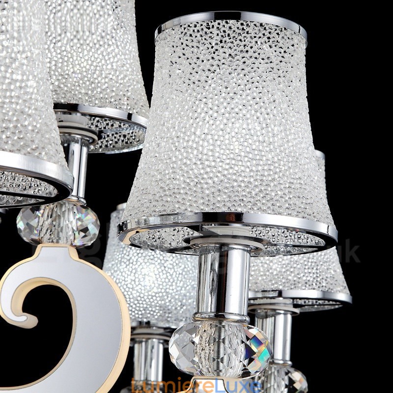 Lustre contemporain moderne à 8 lumières en acier à intensité variable avec abat-jour en verre