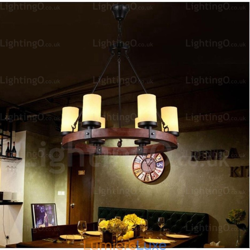 Suspension rustique à 6 lumières avec abat-jour en verre