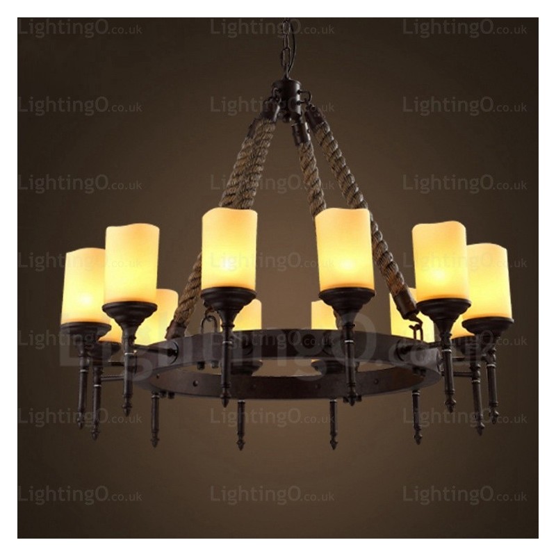 Suspension rustique vintage rétro à 12 lumières avec abat-jour en verre