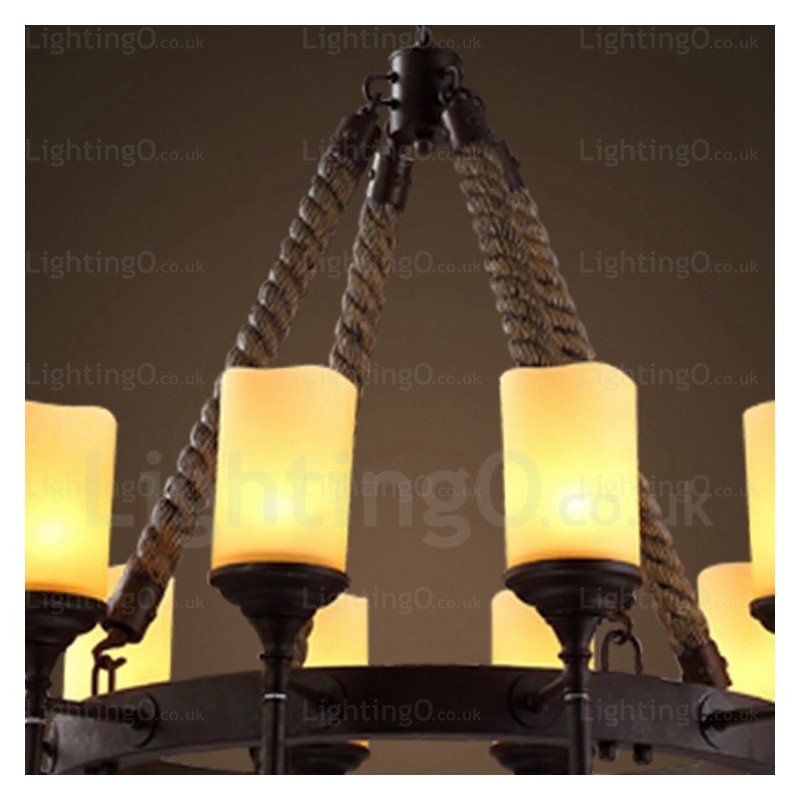 Suspension rustique vintage rétro à 12 lumières avec abat-jour en verre
