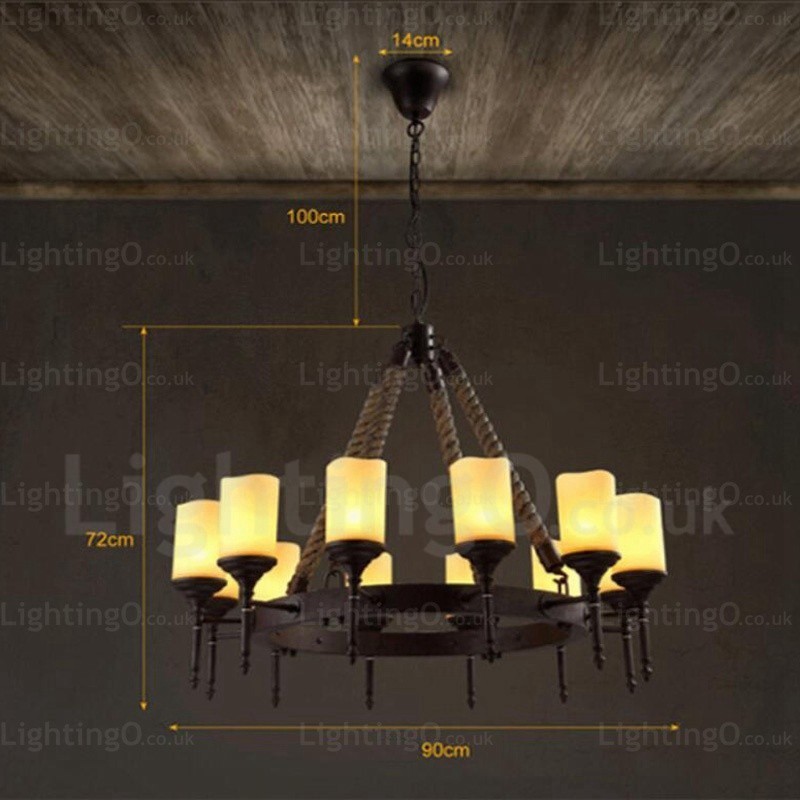 Suspension rustique vintage rétro à 12 lumières avec abat-jour en verre