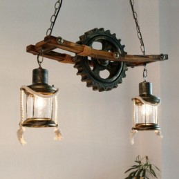 Suspension rustique vintage rétro à 2 lumières avec abat-jour en verre