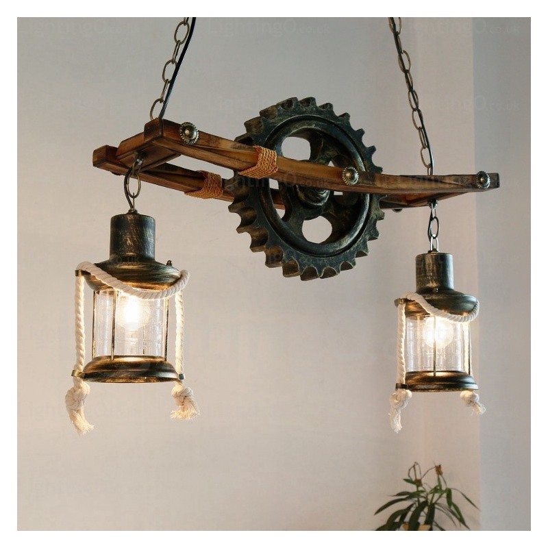 Suspension rustique vintage rétro à 2 lumières avec abat-jour en verre