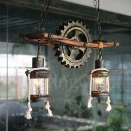 Suspension rustique vintage rétro à 2 lumières avec abat-jour en verre