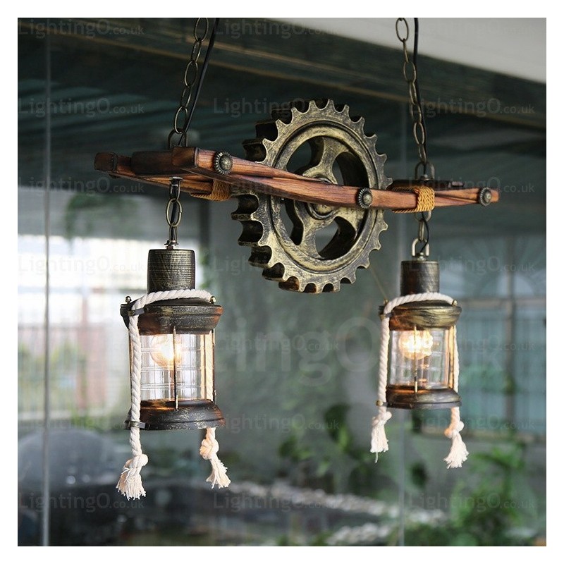 Suspension rustique vintage rétro à 2 lumières avec abat-jour en verre
