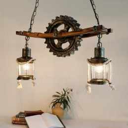 Suspension rustique vintage rétro à 2 lumières avec abat-jour en verre