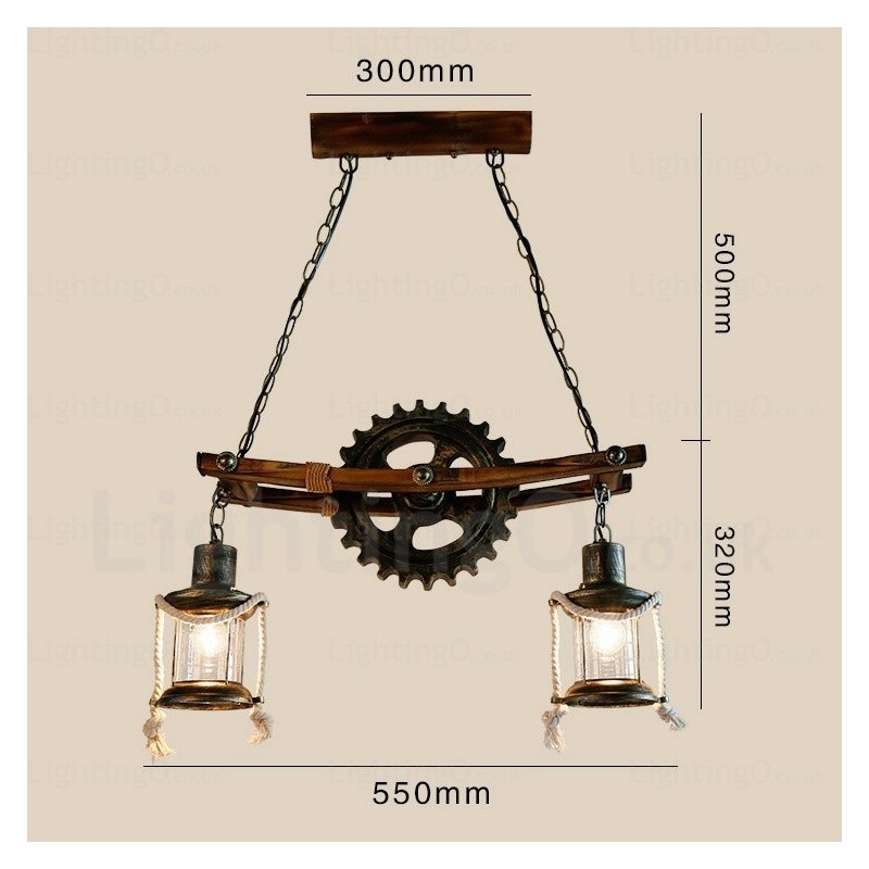 Suspension rustique vintage rétro à 2 lumières avec abat-jour en verre