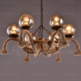 Suspension rétro vintage à 6 lampes avec abat-jour en verre