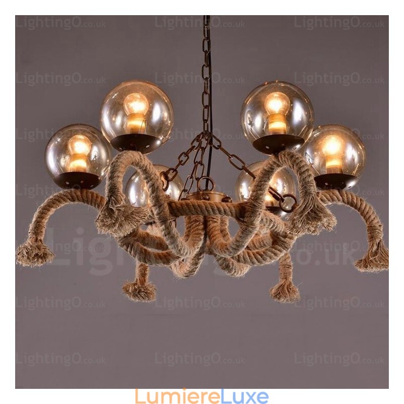 Suspension rétro vintage à 6 lampes avec abat-jour en verre