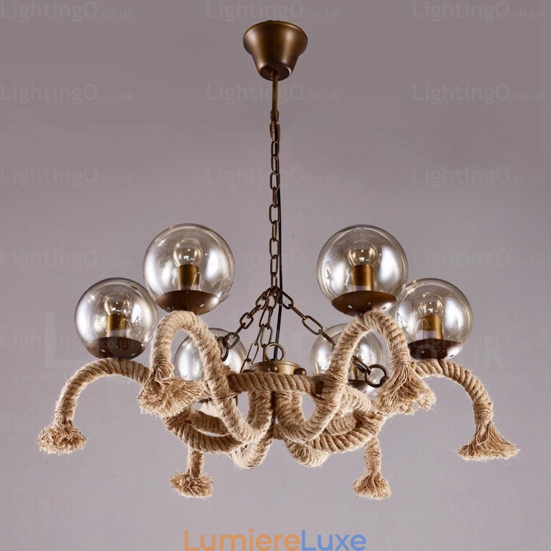 Suspension rétro vintage à 6 lampes avec abat-jour en verre