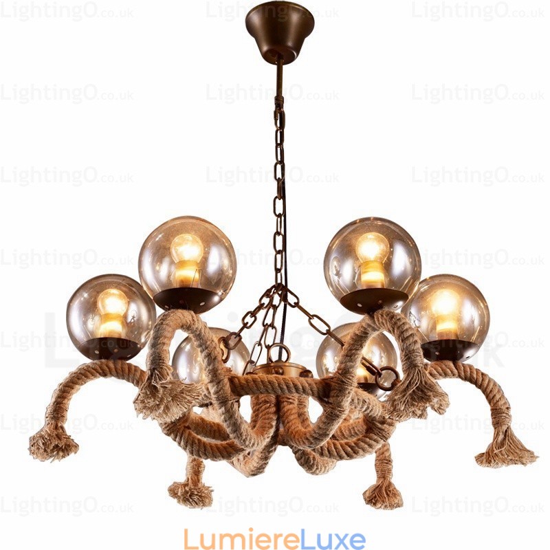 Suspension rétro vintage à 6 lampes avec abat-jour en verre