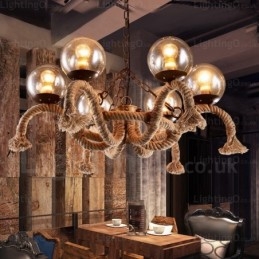 Suspension rétro vintage à 6 lampes avec abat-jour en verre