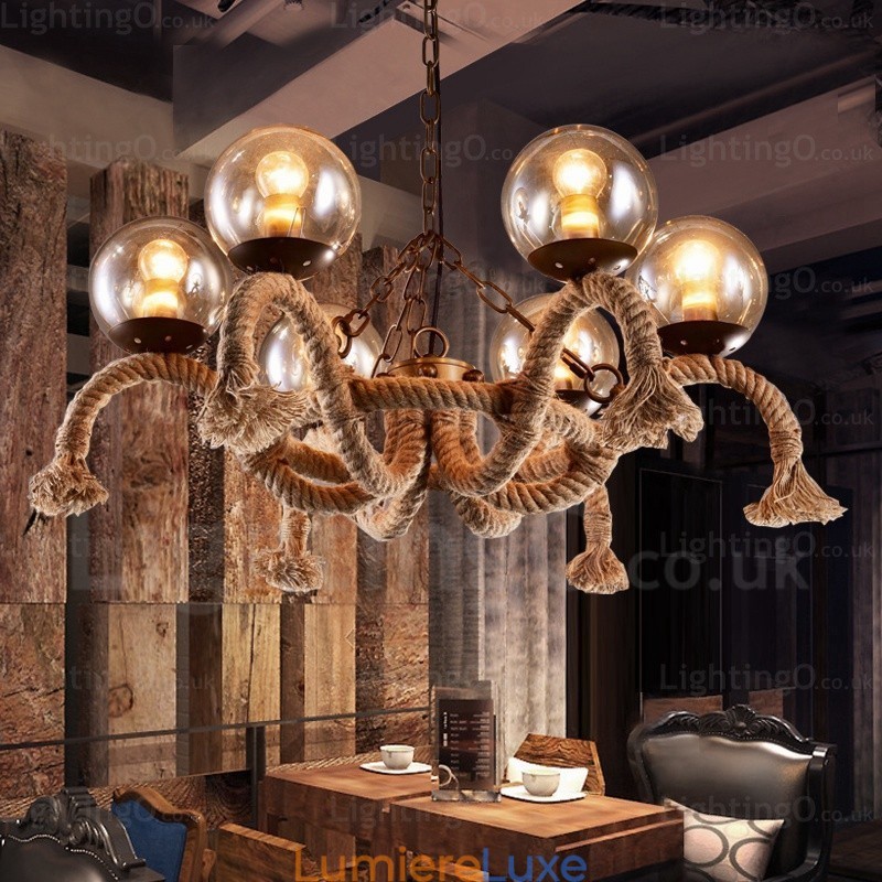 Suspension rétro vintage à 6 lampes avec abat-jour en verre