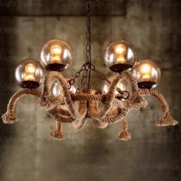 Suspension rétro vintage à 6 lampes avec abat-jour en verre