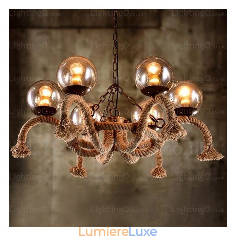 Suspension rétro vintage à 6 lampes avec abat-jour en verre