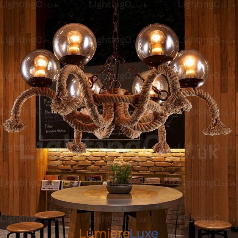 Suspension rétro vintage à 6 lampes avec abat-jour en verre