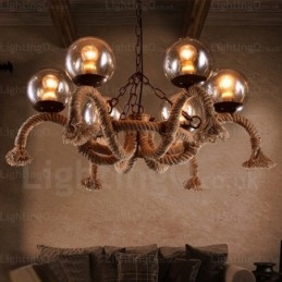 Suspension rétro vintage à 6 lampes avec abat-jour en verre