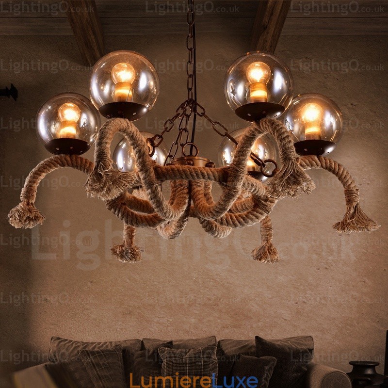 Suspension rétro vintage à 6 lampes avec abat-jour en verre