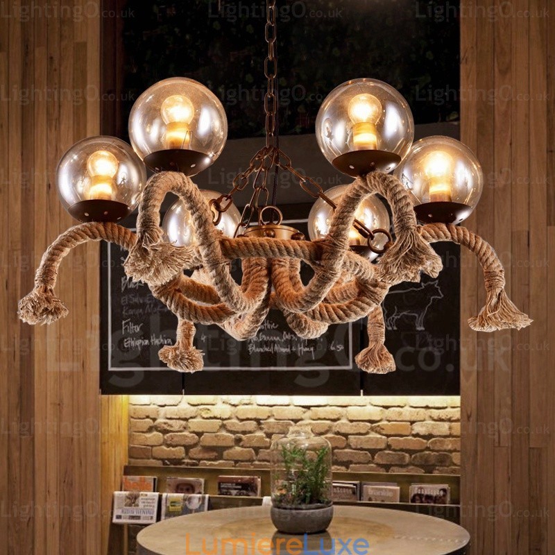 Suspension rétro vintage à 6 lampes avec abat-jour en verre