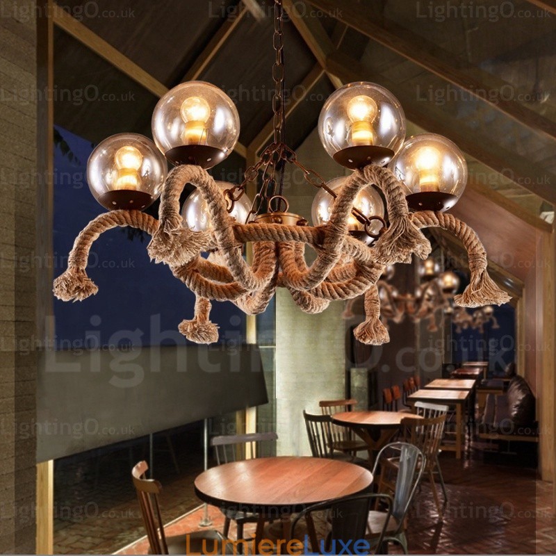 Suspension rétro vintage à 6 lampes avec abat-jour en verre