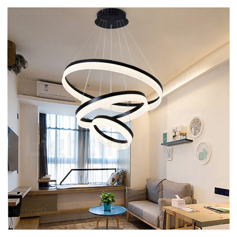 Suspension moderne et contemporaine à 3 anneaux avec abat-jour en acrylique et technologie Wi-Fi intelligente et intensité variable