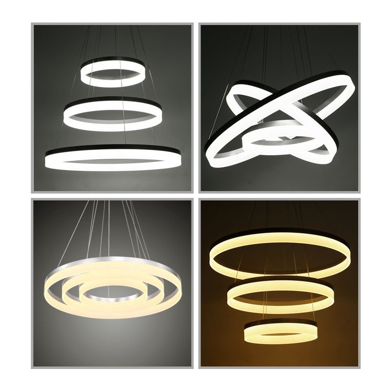 Suspension moderne et contemporaine à 3 anneaux avec abat-jour en acrylique et technologie Wi-Fi intelligente et intensité variable