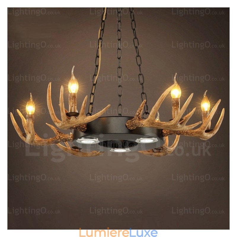 Lustre suspendu vintage rétro rustique à 9 lumières en bois de cerf