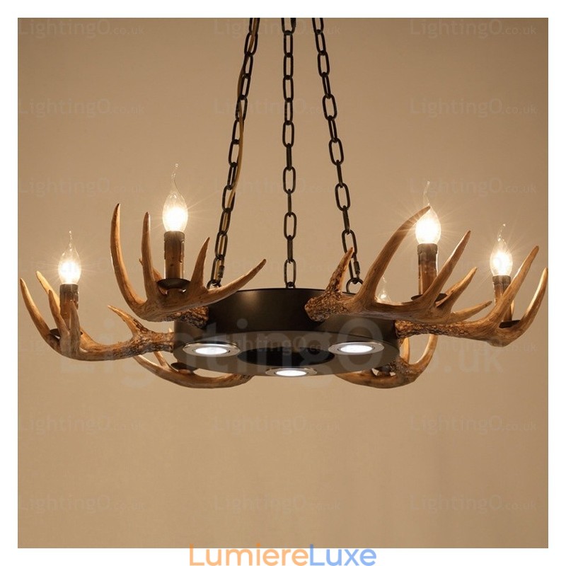 Lustre suspendu vintage rétro rustique à 9 lumières en bois de cerf