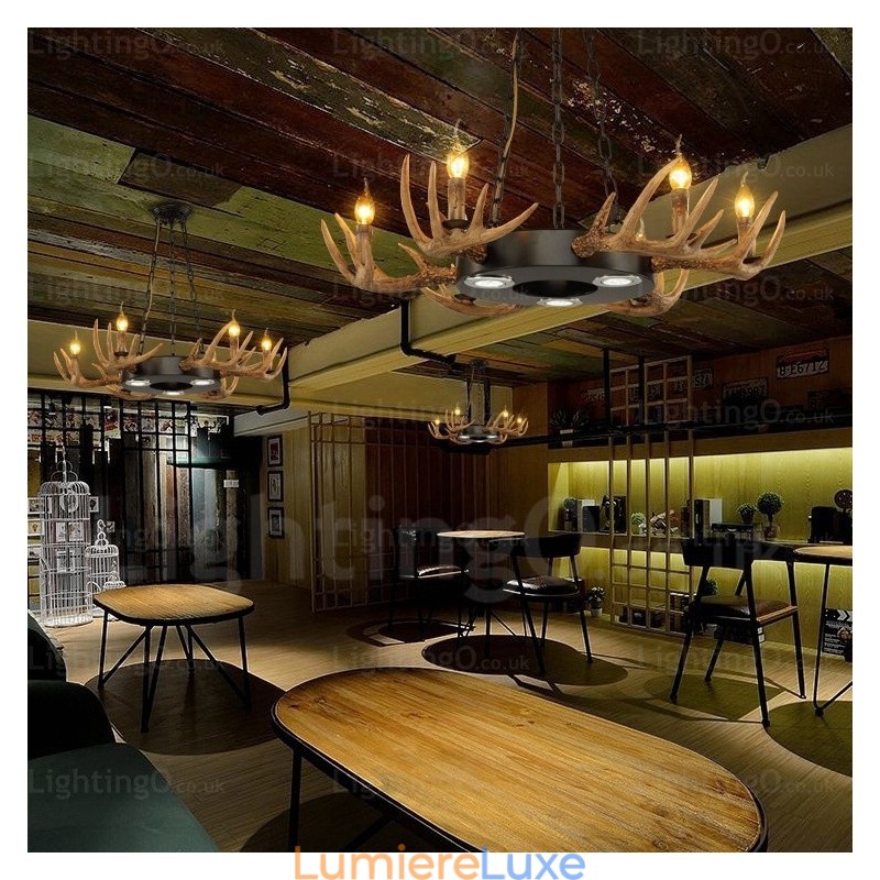 Lustre suspendu vintage rétro rustique à 9 lumières en bois de cerf