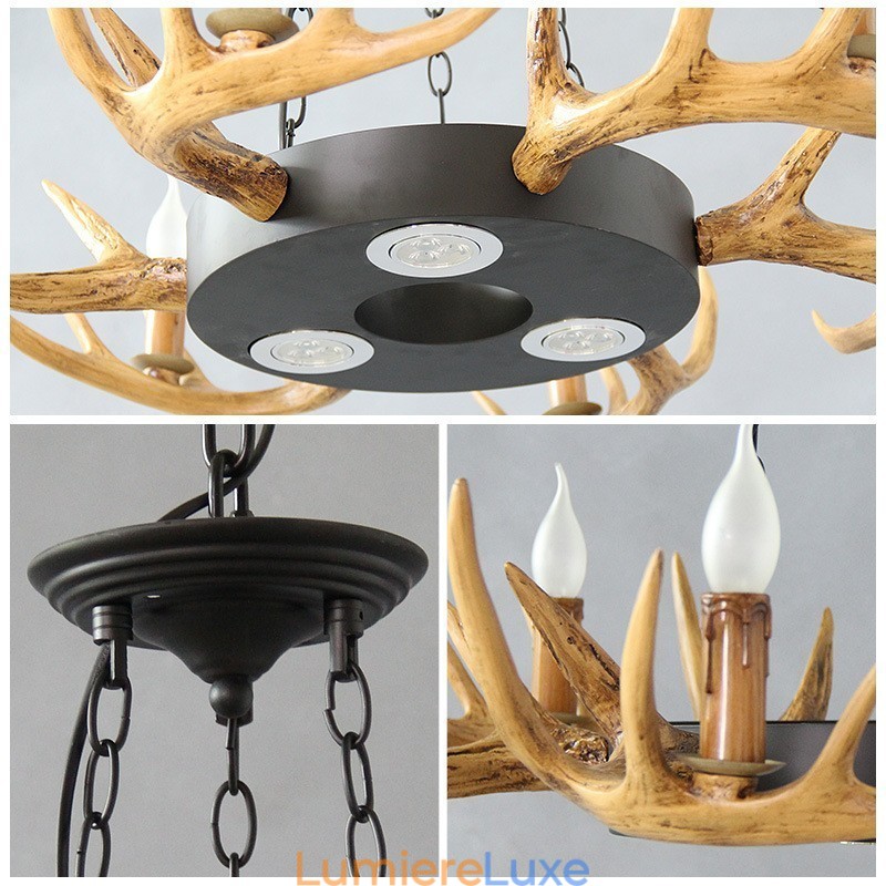 Lustre suspendu vintage rétro rustique à 9 lumières en bois de cerf