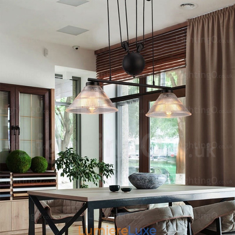 Suspension contemporaine moderne à 2 lumières avec abat-jour en verre