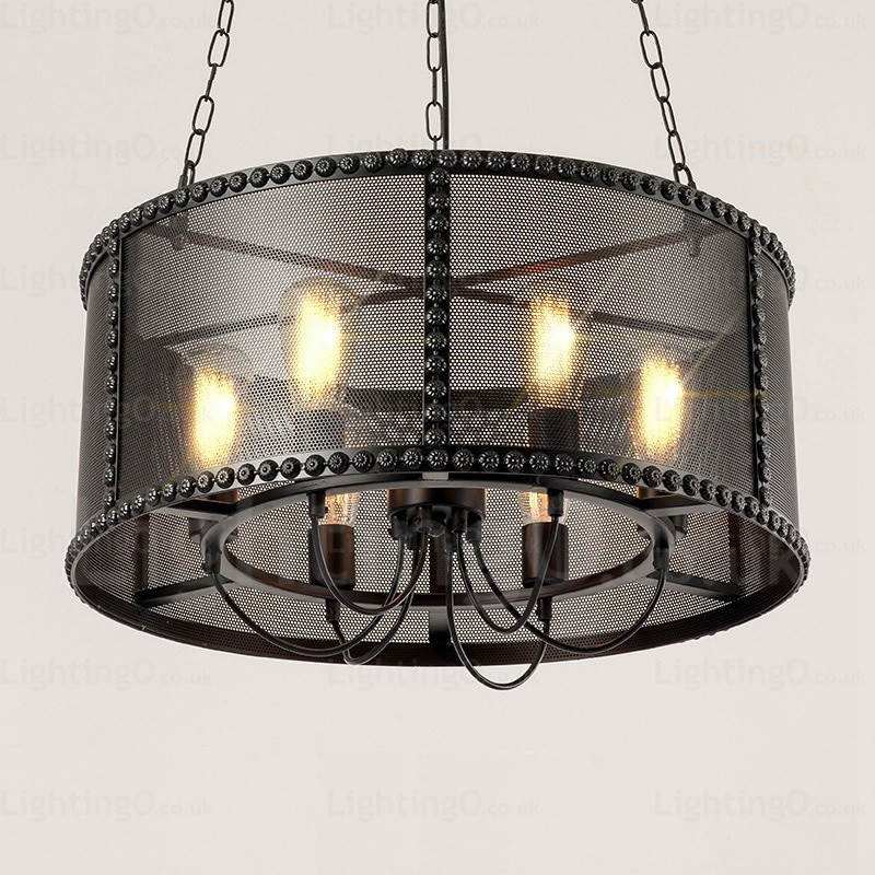 Suspension rétro vintage à 6 lampes avec abat-jour en acier inoxydable