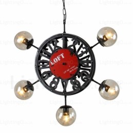 Suspension rétro vintage à 5 lumières avec abat-jour en verre