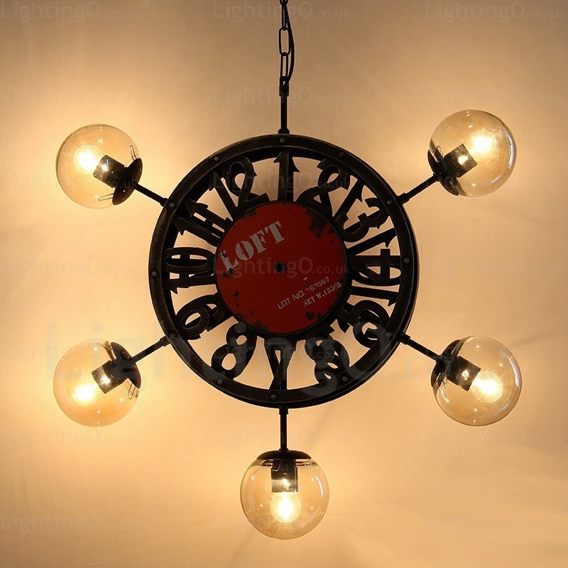 Suspension rétro vintage à 5 lumières avec abat-jour en verre