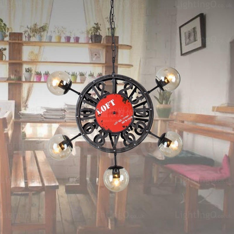 Suspension rétro vintage à 5 lumières avec abat-jour en verre