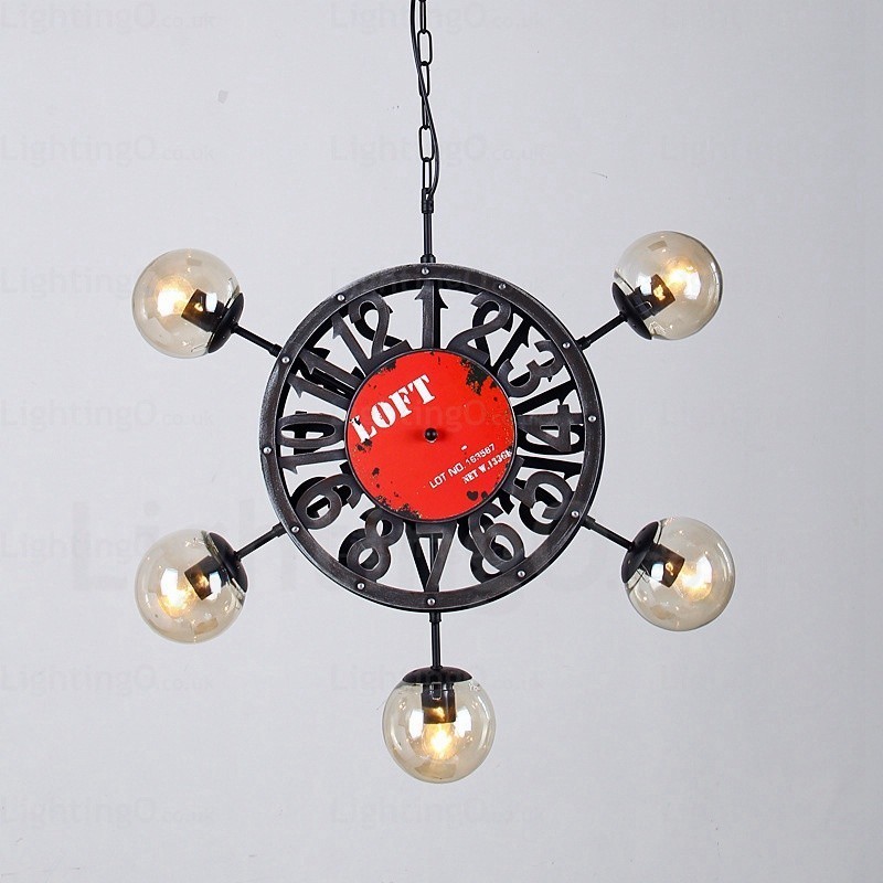 Suspension rétro vintage à 5 lumières avec abat-jour en verre