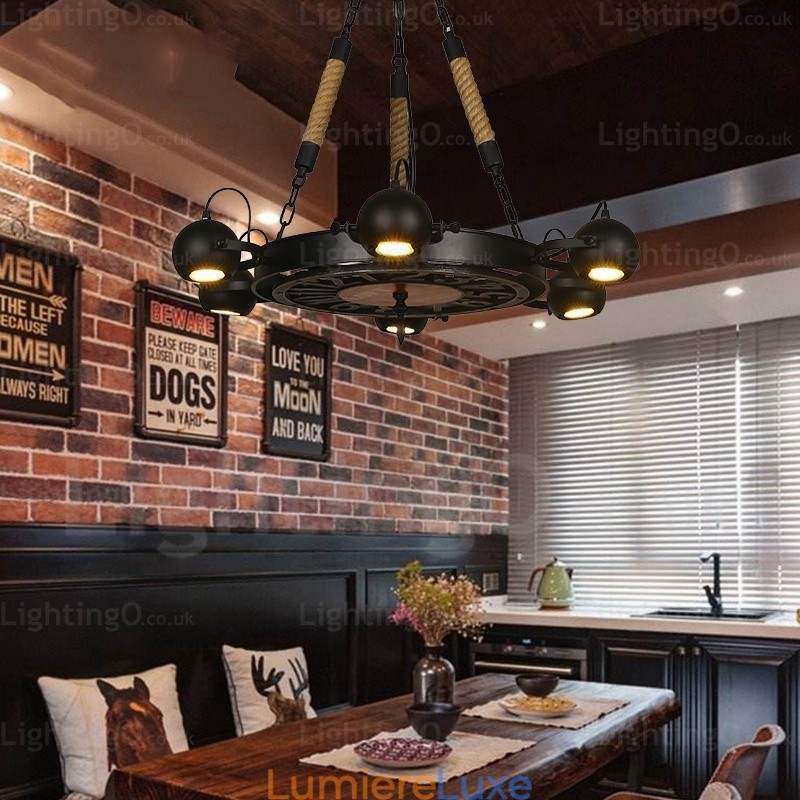Suspension rétro vintage à 6 lampes avec abat-jour en acier inoxydable