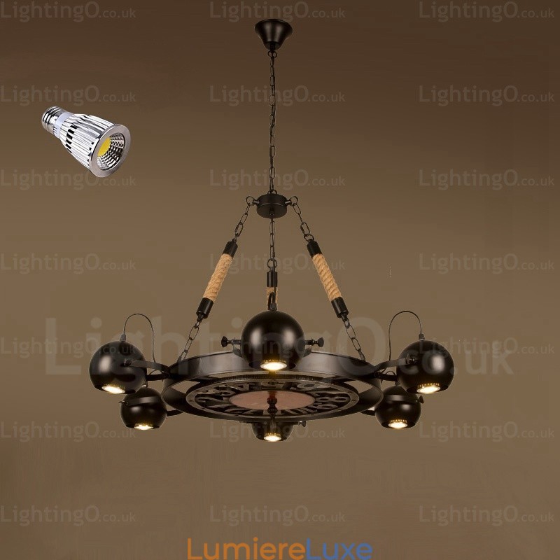 Suspension rétro vintage à 6 lampes avec abat-jour en acier inoxydable
