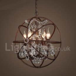 Lustre vintage en métal peint à 4 lumières, diamètre 40 cm, globe en cristal, couleur rouille