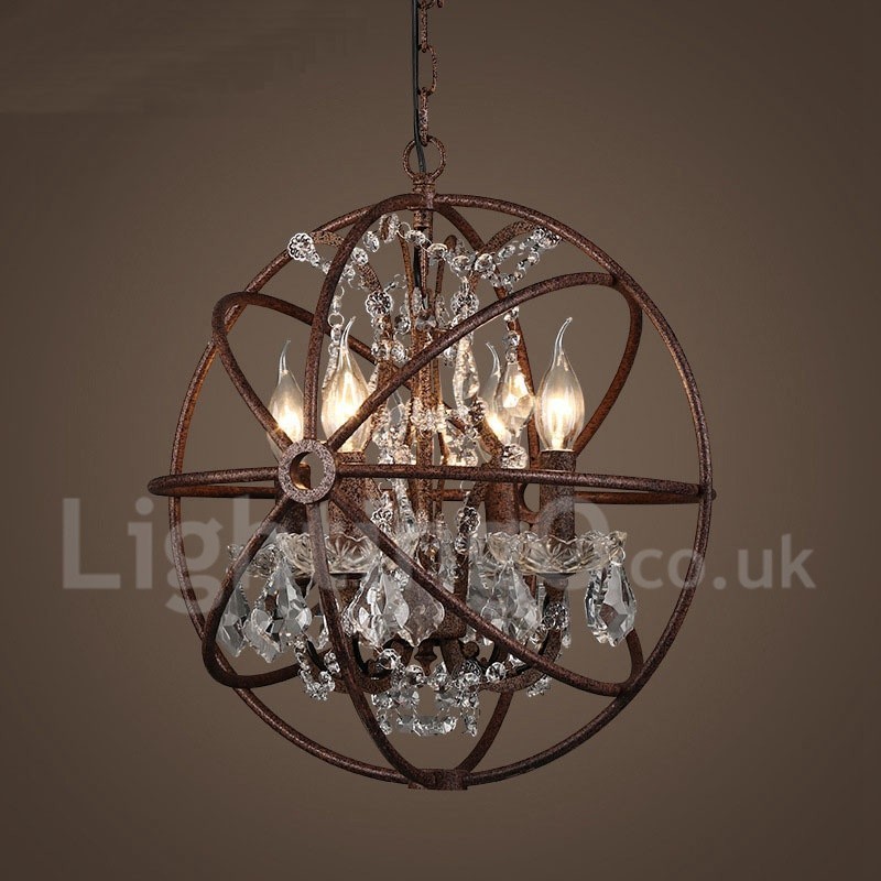 Lustre vintage en métal peint à 4 lumières, diamètre 40 cm, globe en cristal, couleur rouille