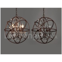 Lustre vintage en métal peint à 4 lumières, diamètre 40 cm, globe en cristal, couleur rouille