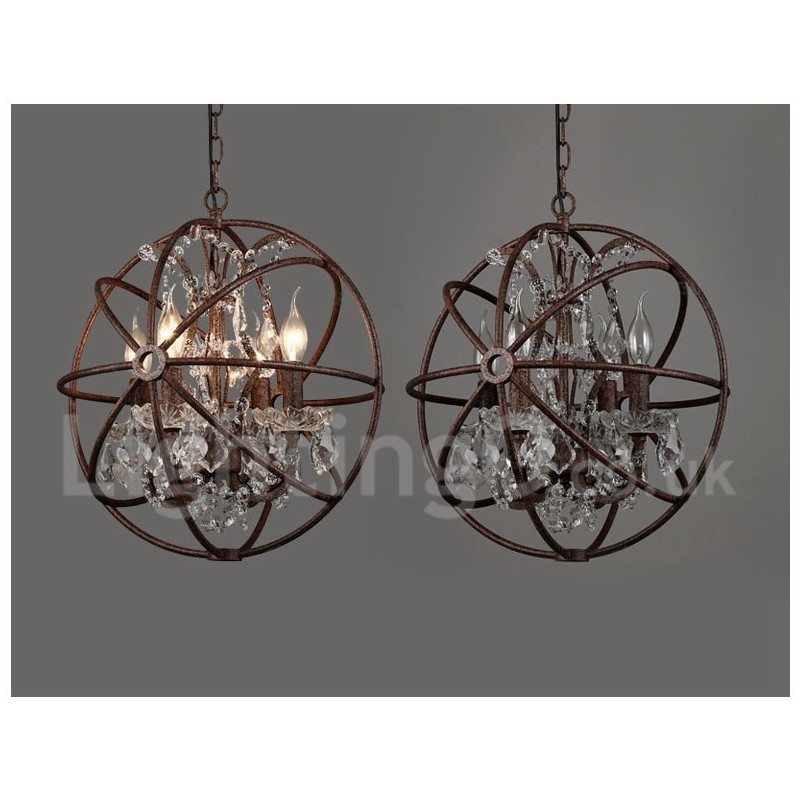 Lustre vintage en métal peint à 4 lumières, diamètre 40 cm, globe en cristal, couleur rouille