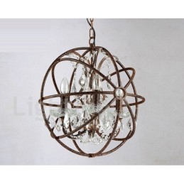 Lustre vintage en métal peint à 4 lumières, diamètre 40 cm, globe en cristal, couleur rouille