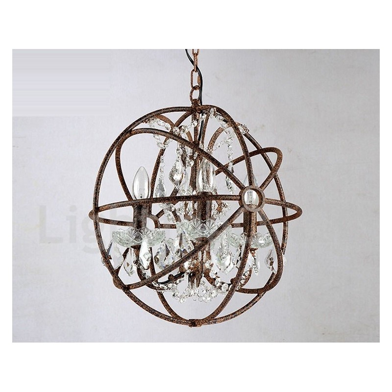 Lustre vintage en métal peint à 4 lumières, diamètre 40 cm, globe en cristal, couleur rouille