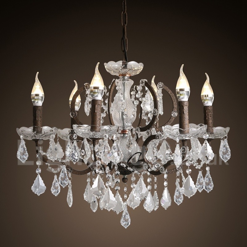 Lustre vintage en métal peint et cristal, 6 lumières, diamètre 60 cm, couleur fer rouillé