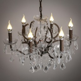 Lustre vintage en métal peint et cristal, 6 lumières, diamètre 60 cm, couleur fer rouillé