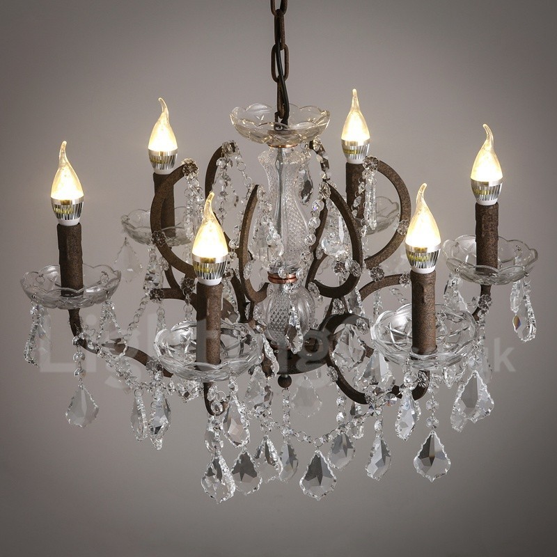Lustre vintage en métal peint et cristal, 6 lumières, diamètre 60 cm, couleur fer rouillé