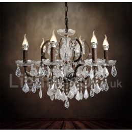 Lustre vintage en métal peint et cristal, 6 lumières, diamètre 60 cm, couleur fer rouillé