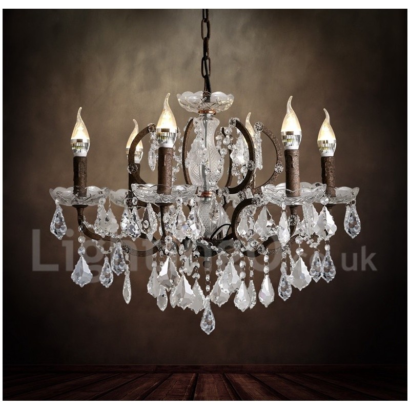 Lustre vintage en métal peint et cristal, 6 lumières, diamètre 60 cm, couleur fer rouillé