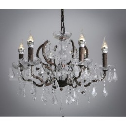 Lustre vintage en métal peint et cristal, 6 lumières, diamètre 60 cm, couleur fer rouillé